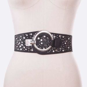 Black Vegan Leather Studded Elastic Accent Statement Belt